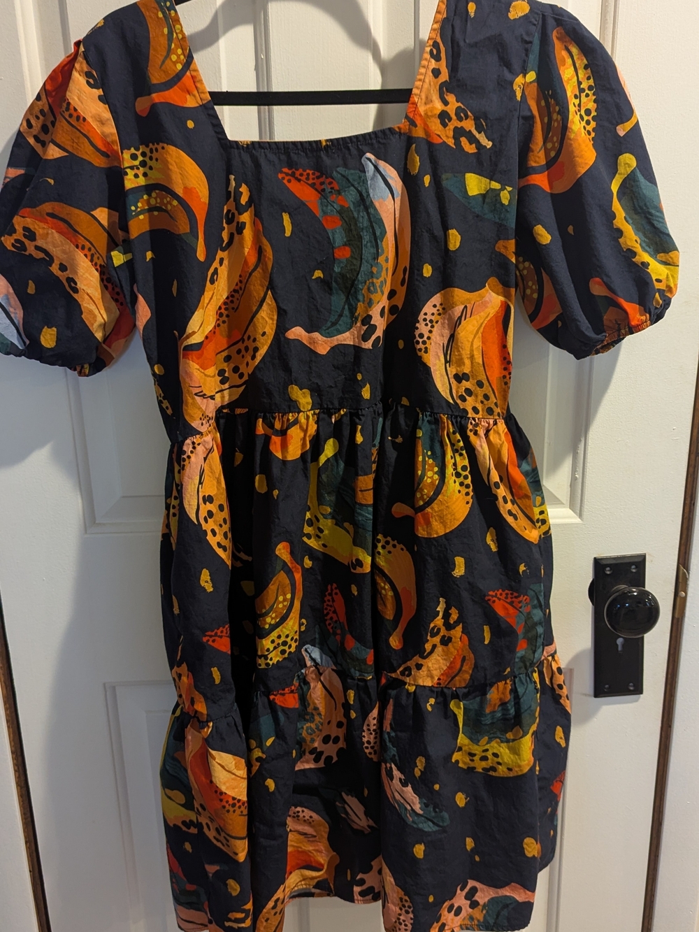 Women’s Navy Puff Sleeve Midi Dress with Orange Print